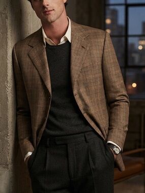 Bespoke Custom Men's 42L Tan Windowpane Glen Plaid Purple Check Blazer Jacket